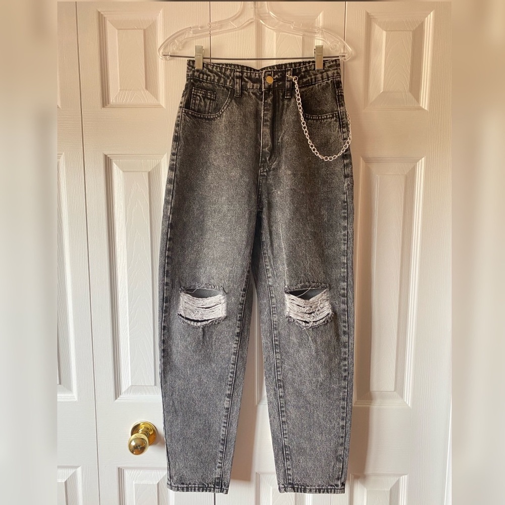 High Waisted Ripped Mom Jeans with Chain